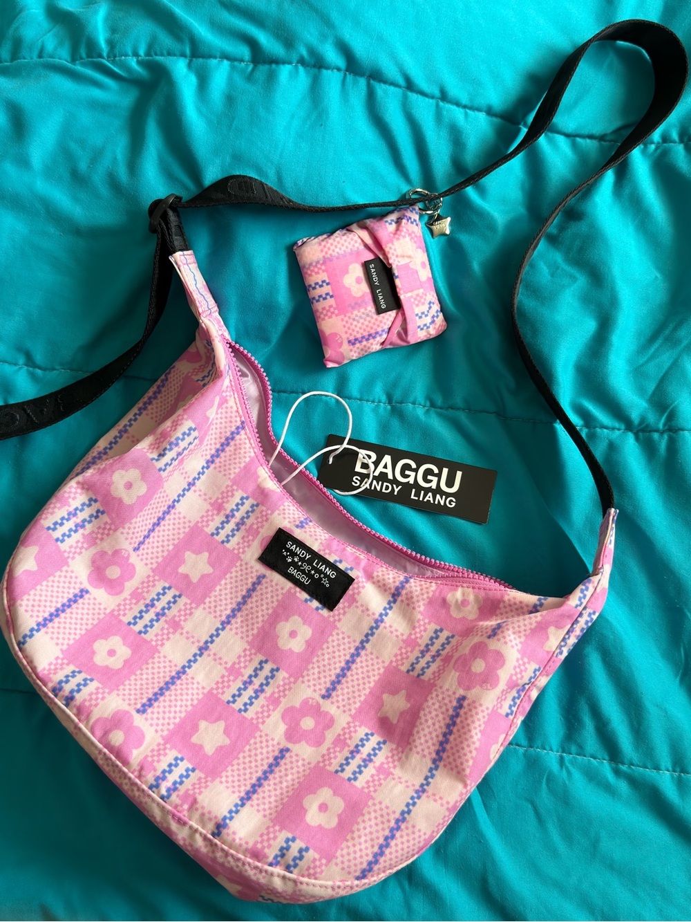 BAGGU Sandy Liang pink market plaid Crossbody Bag+ baby reusable